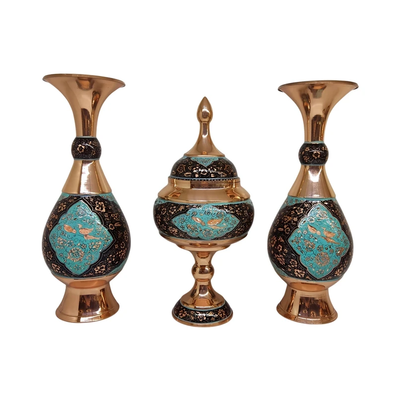ست 3 تکه گلدان و شکلات خوری مسی مدل الماس تراش کد 25