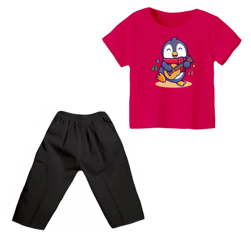 ست تی شرت و شلوارک پسرانه مدل پنگوئن کد 1 رنگ سرخابی