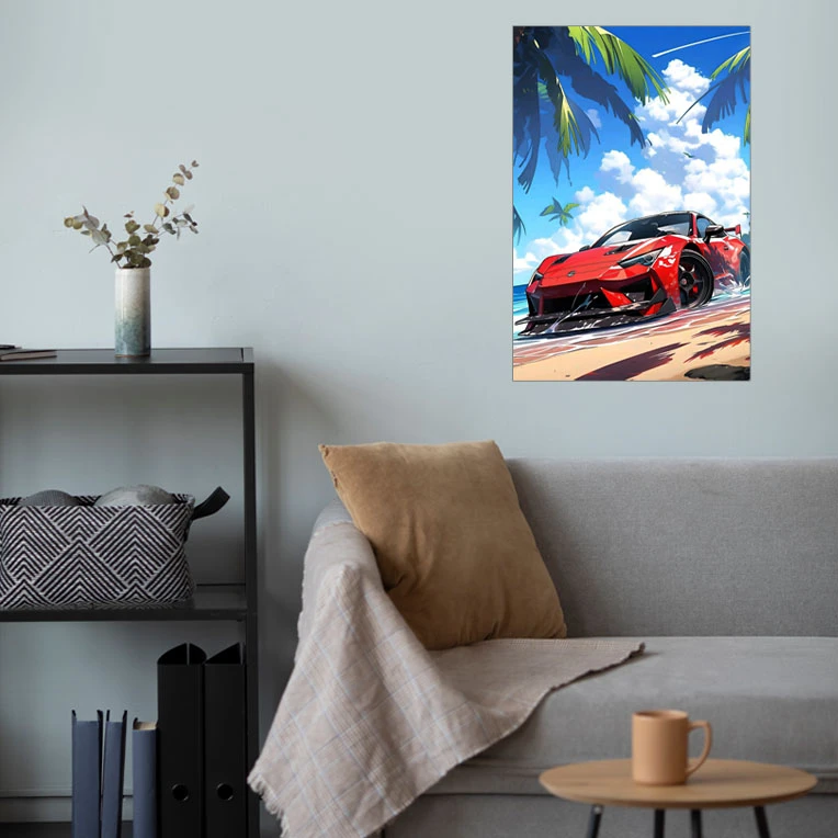 پوستر گوفی مدل ماشین اسپورت شورلت قرمز در ساحل طرح Red Sport Car کد BEECH41