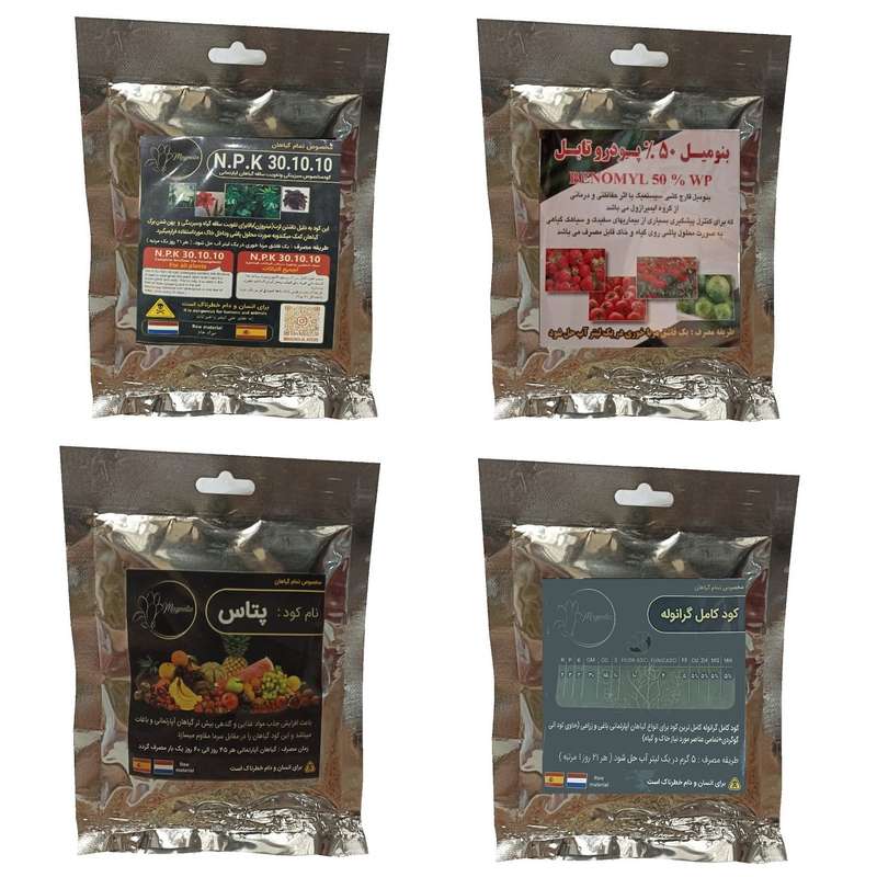 کود سبزینگی و تقویت ساقه 10-10-30 و بنومیل و پتاس و کود کامل گرانوله مدل raw material وزن 200 گرم کود سبزینگی و تقویت ساقه 10-10-30 و بنومیل و پتاس و کود کامل گرانوله مدل raw material وزن 200 گرم