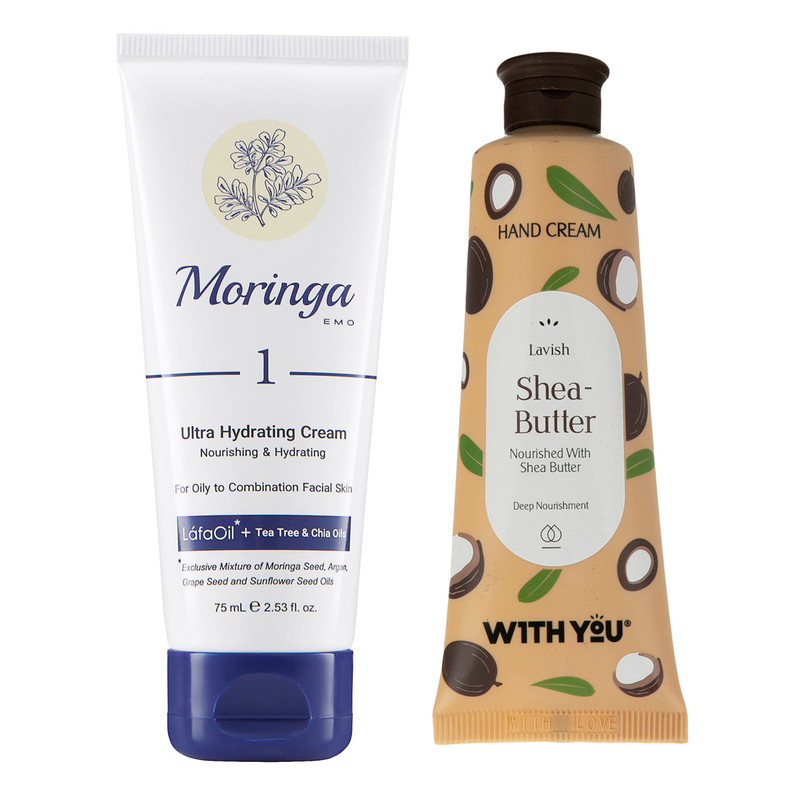 کرم آبرسان مورینگا امو مدل Tee treeحجم 75 میلی لیتر به همراه کرم مرطوب کننده ویت یو مدل Shea Butter حجم 50 میلی لیتر
