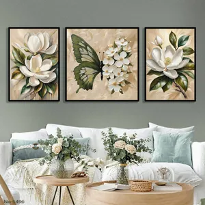 تابلو طرح دکوراتیو مدرن مدل گل و پروانه کد 1496 فریم مشکی مجموعه سه عددی