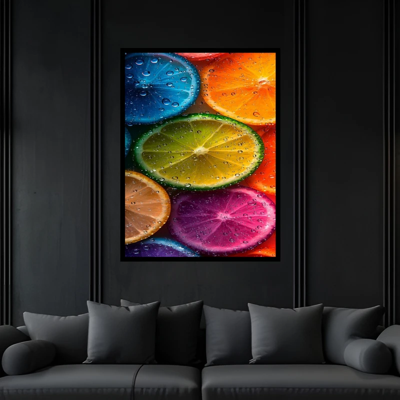 تابلو بکلیت طرح هنری فانتزی میوه و سبزیجات لیمو رنگی مدل B-bu6308 فریم مشکی