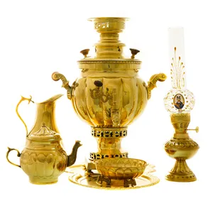 سرویس سماور ذغالی 6 پارچه برنجی مدل توپی ترک دار کد 4262