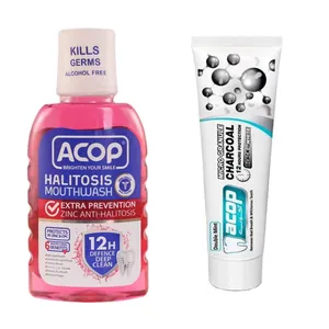 دهان شویه آکوپ مدل Halitosis حجم 300 میلی لیتر به همراه خمیر دندان آکوپ مدل Double Mint وزن 90 گرم