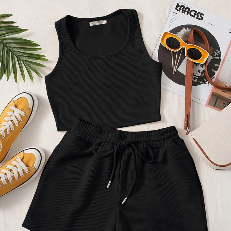 ست کراپ تاپ و شلوارک زنانه آرمادیا مدل کبریتی یقه اسکوپی کد BK16