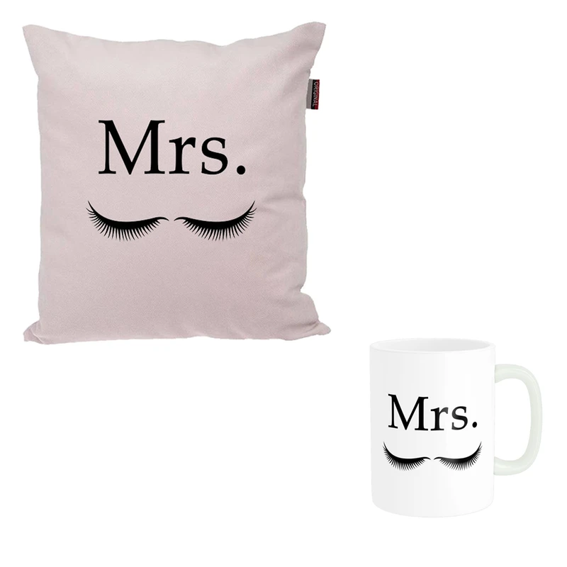 ماگ ناریکو طرح فانتزی مدل ست عاشقانه Mr  Mrs کد 02 به همراه کوسن