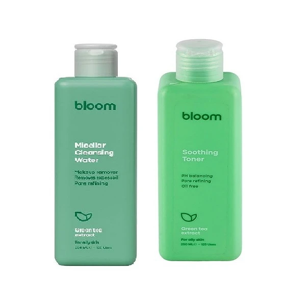 تونر صورت بلوم مدل عصاره چای سبز مناسب برای پوست چرب حجم 250 میلی لیتر به همراه میسلار واتر بلوم مدل چای سبز مناسب برای پوست چرب حجم 250 میلی لیتر