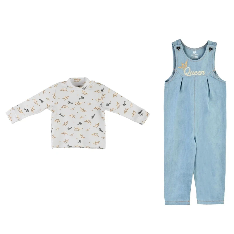 ست تی‌شرت آستین بلند و سرهمی دخترانه مدل MDSS-CH6509