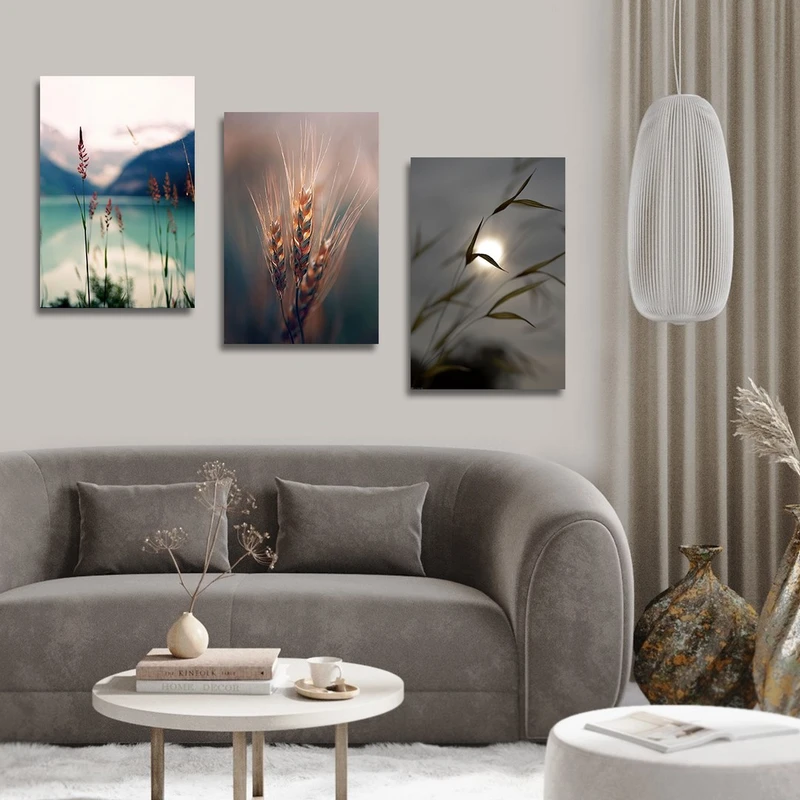 تابلو شاسی بکلیت طرح دکوری مدرن گل گندم و طبیعت مدل SH-1465 مجموعه 3 عددی