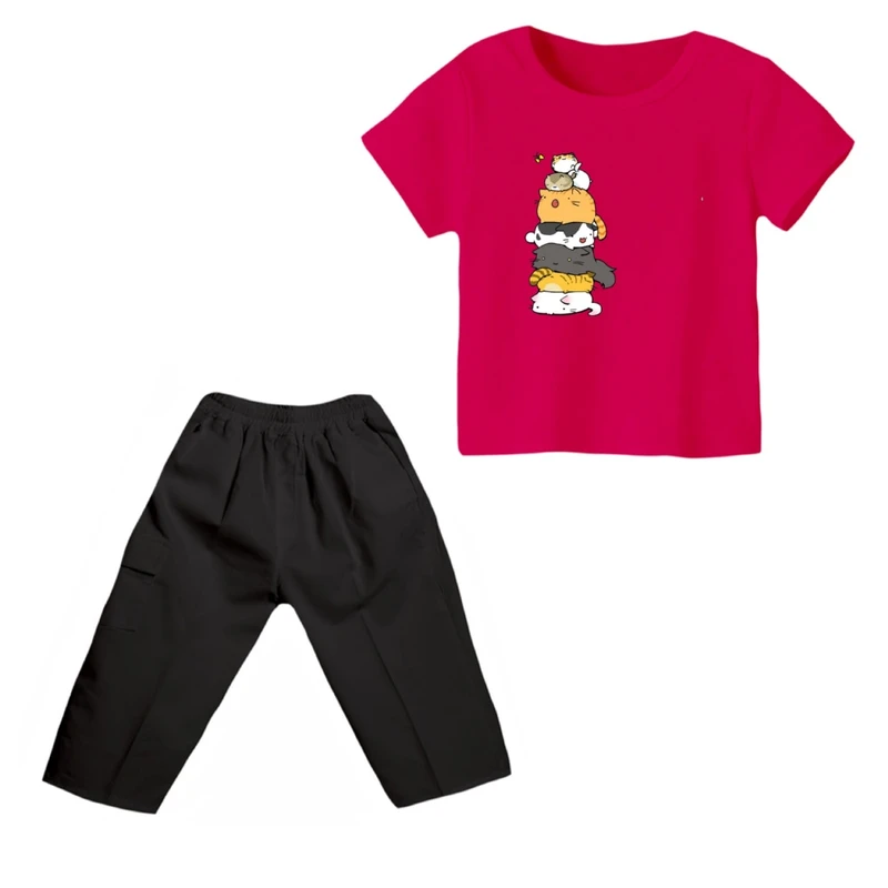 ست تی شرت و شلوارک پسرانه مدل گربه کد 6 رنگ سرخابی