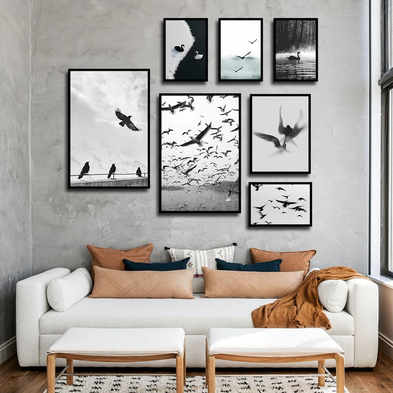 تابلو بکلیت طرح منظره طبیعت و پرنده مدل B-3498 فریم مشکی مجموعه 7 عددی