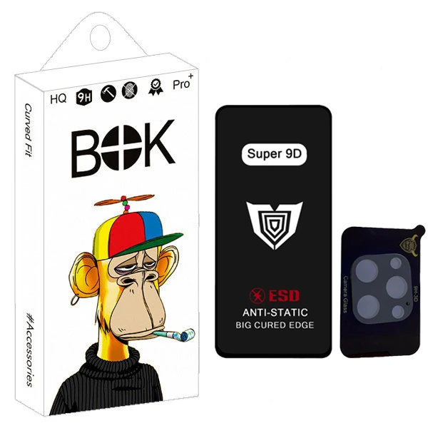 محافظ صفحه نمایش بوک مدل Super 9D Guard مناسب برای گوشی موبایل موبایل اپل iPhone 12 pro max به همراه محافظ لنز دوربین 03D