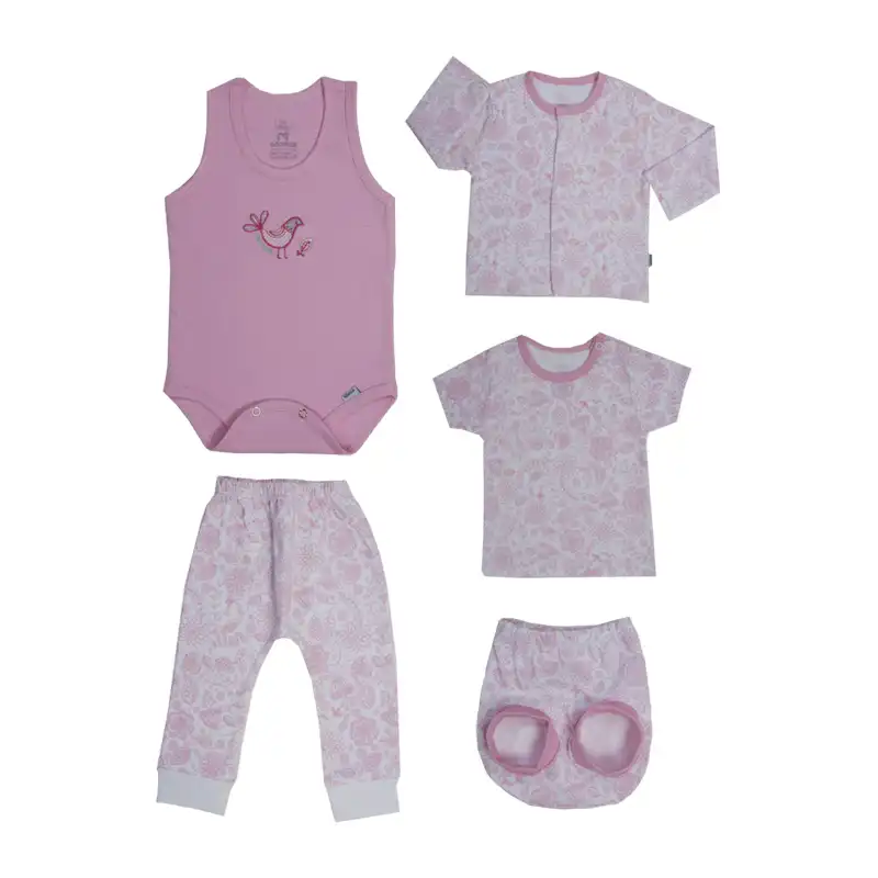 ست 5 تکه لباس نوزادی آدمک مدل پرنیان کد 320001 رنگ صورتی