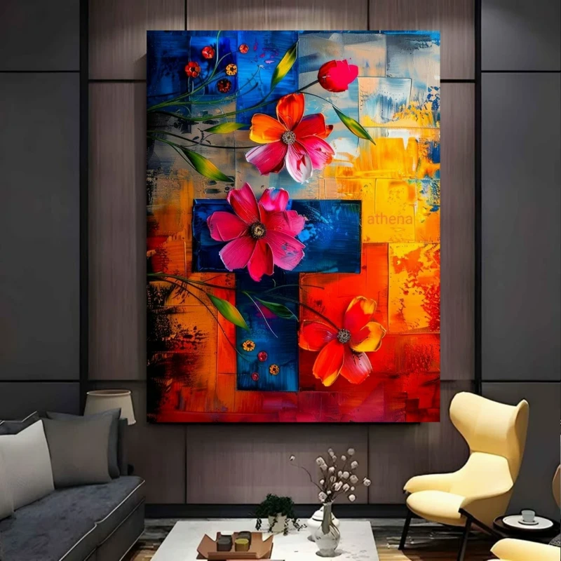  تابلو بوم طرح مخمل نقاشی رنگ روغن مدل گل های شاداب کد BK25000