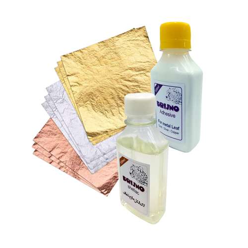 ورق فلز کد 3-10-L-ch بسته 30 عددی به همراه لاک الکل و چسب ورق طلا