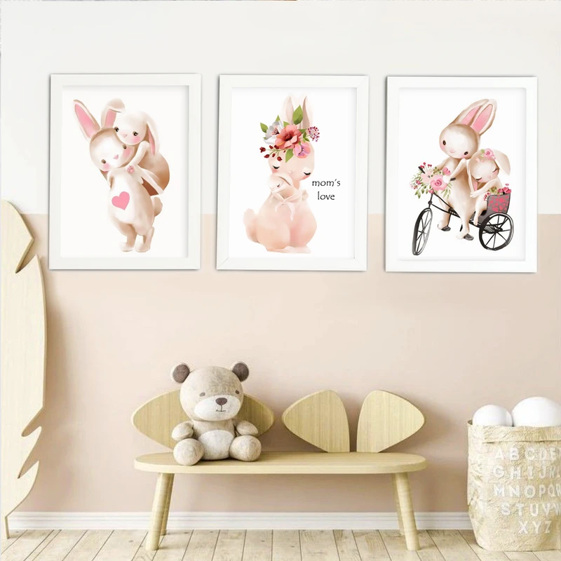 تابلو اتاق کودک مدل خرگوش مادر و کودک moms love مجموعه 3 عددی