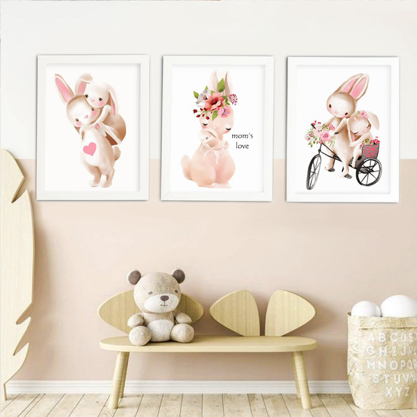 تابلو اتاق کودک مدل خرگوش مادر و کودک moms love مجموعه 3 عددی