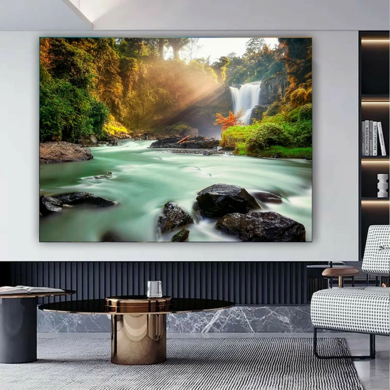 تابلو بوم طرح مخمل مدل آبشار و تابش نور در رودخانه کد FP2241