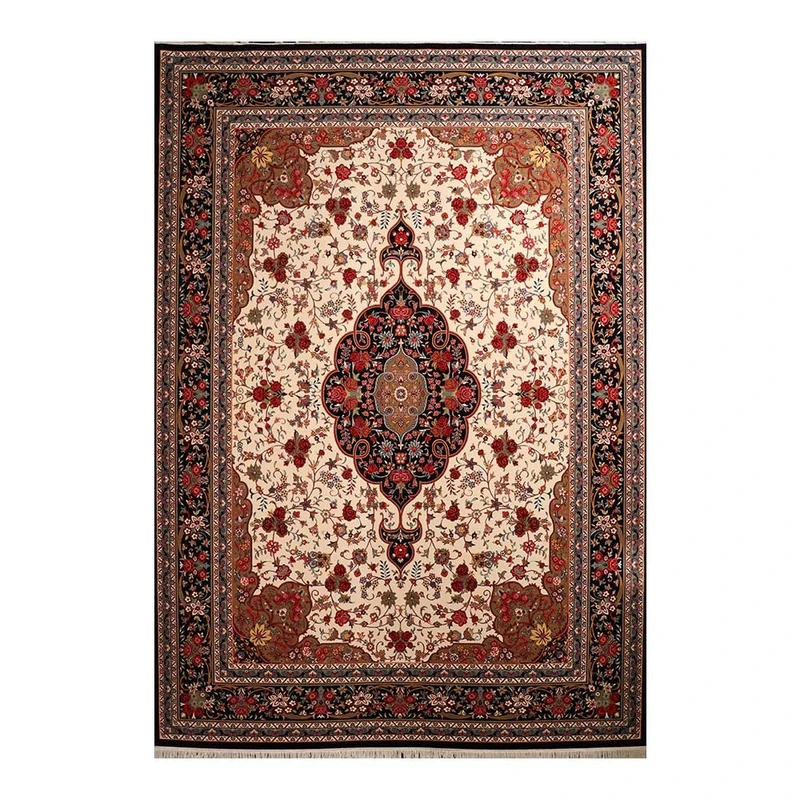 فرش ماشینی 700 شانه زمینه کرم حاشیه سرمه ای مدل شاهکار نوین کد N083-2509