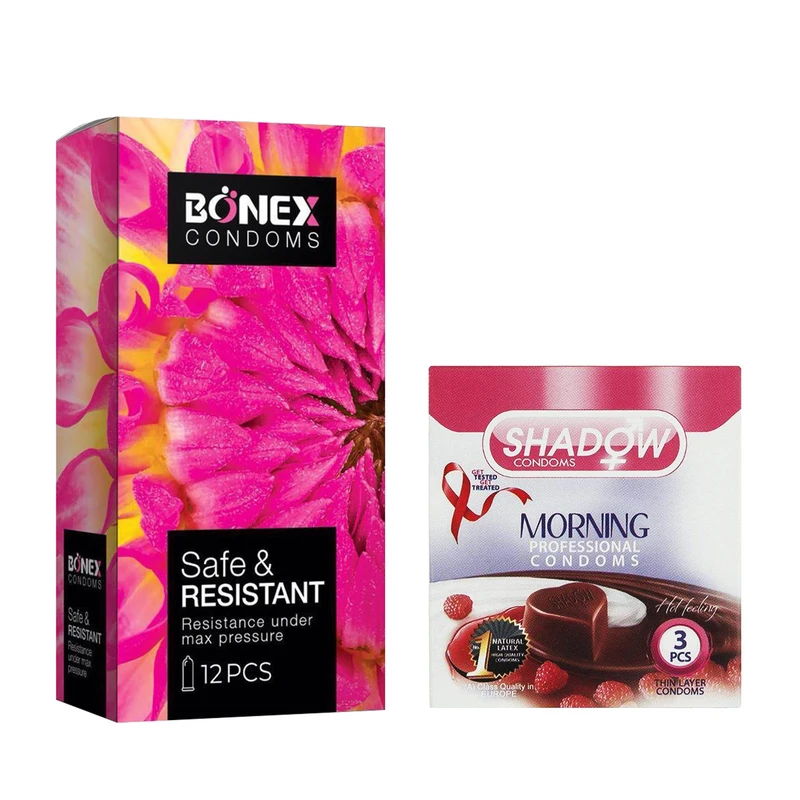 کاندوم بونکس مدل Safe &amp; Resistant بسته 12 عددی به همراه کاندوم شادو مدل Morning بسته 3 عددی