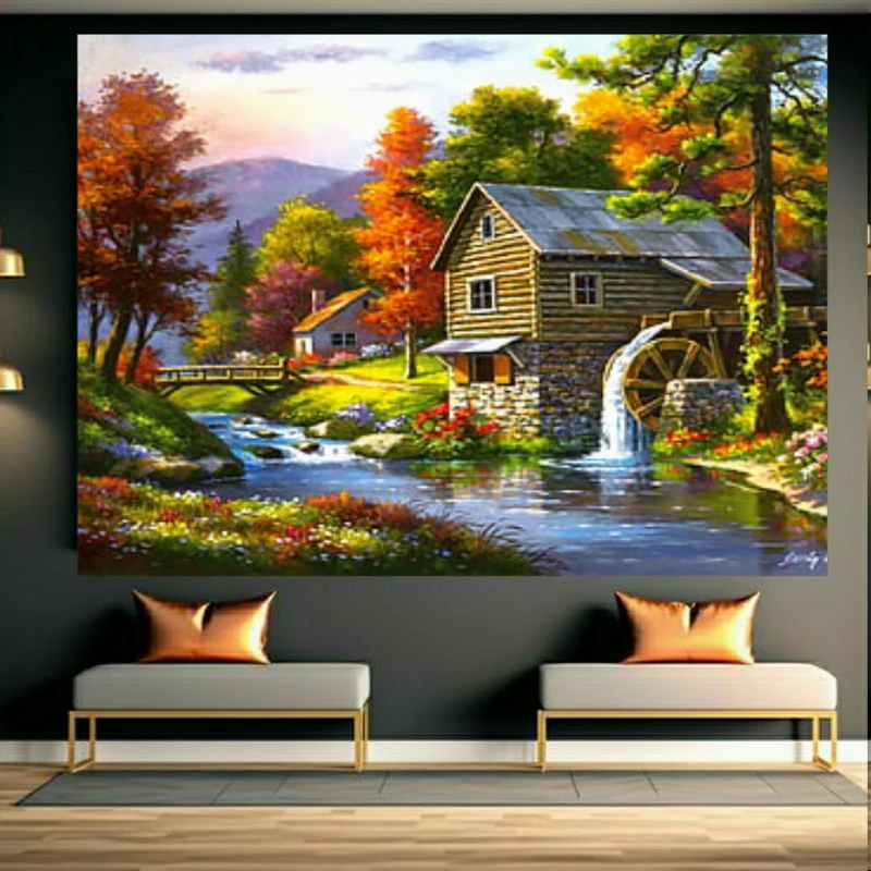 پوستر پارچه ای طرح مخمل کلبه روستایی مدل آسیاب آبی کد FP106084