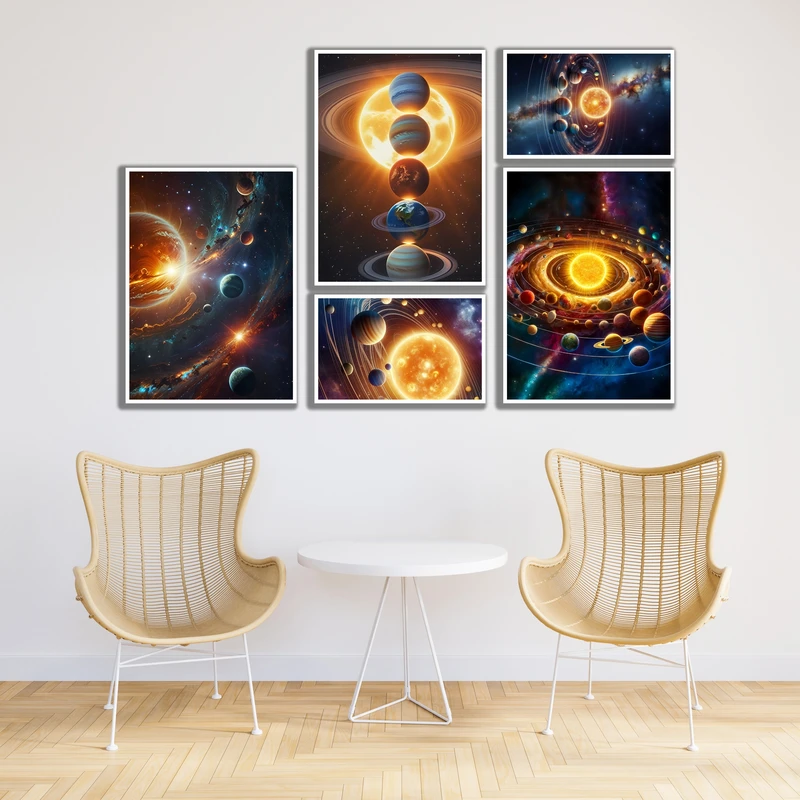 تابلو بکلیت طرح دکوراتیو کهکشان و منظومه شمسی کد W-MR-1071 فریم سفید مجموعه 5 عددی