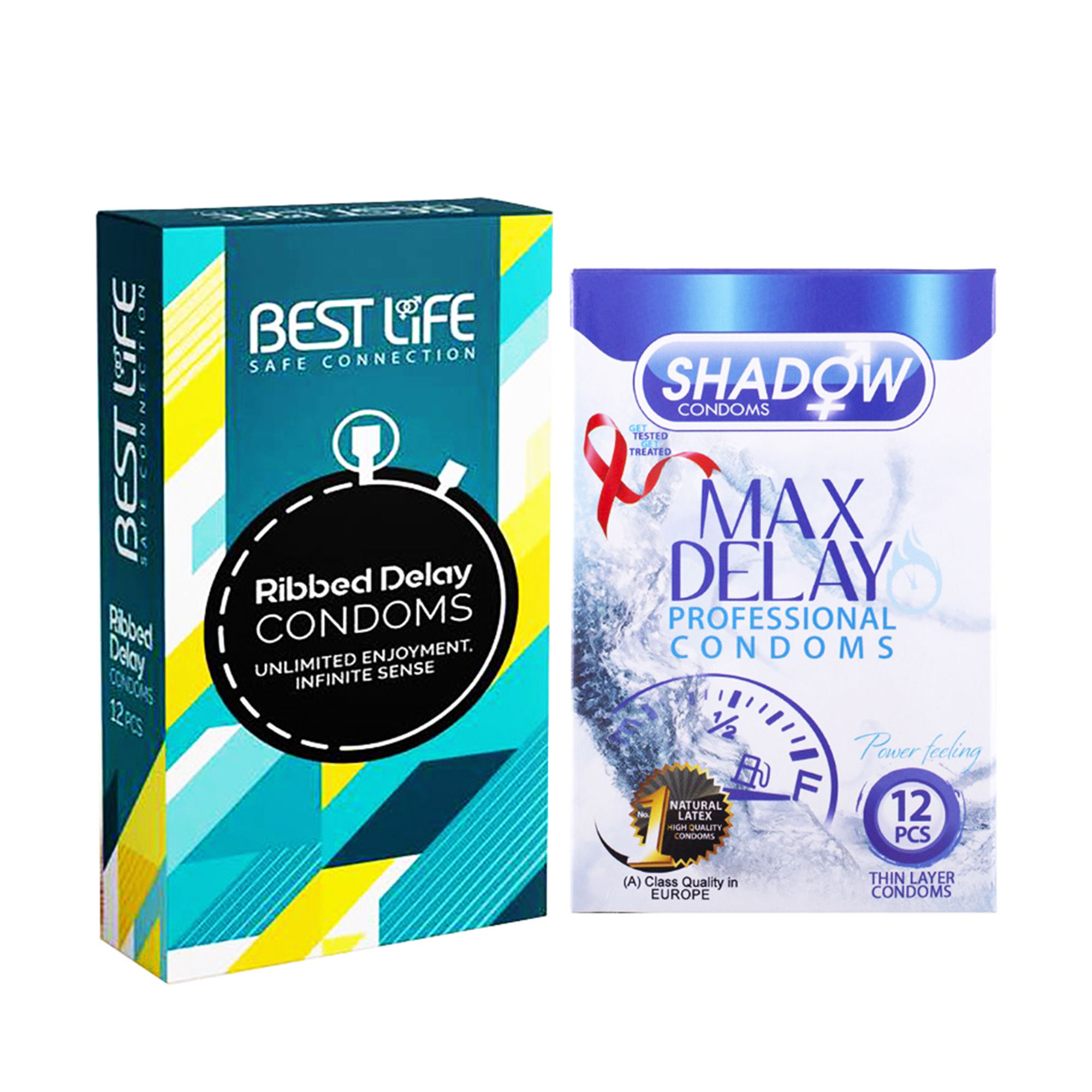 کاندوم بست لایف مدل Ribbed Delay بسته 12 عددی به همراه کاندوم شادو مدل Max Delay بسته 12 عددی