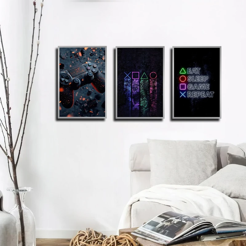 تابلو بکلیت طرح بازی پلی استیشن مدل SI-4194 رنگ فریم نقره ای مجموعه 3 عددی