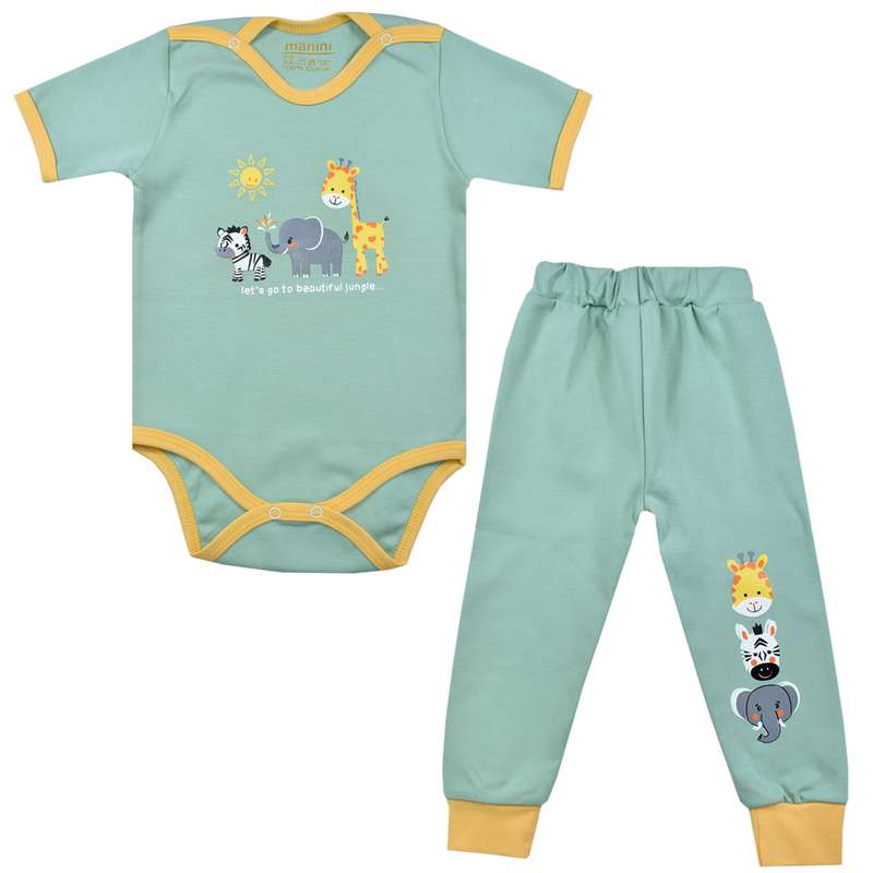 ست بادی و شلوار نوزادی مانینی  مدل زرافه کد 24 رنگ  سبز