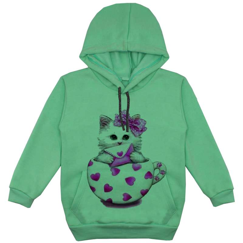 هودی دخترانه مدل گربه و فنجون F80 رنگ سبز