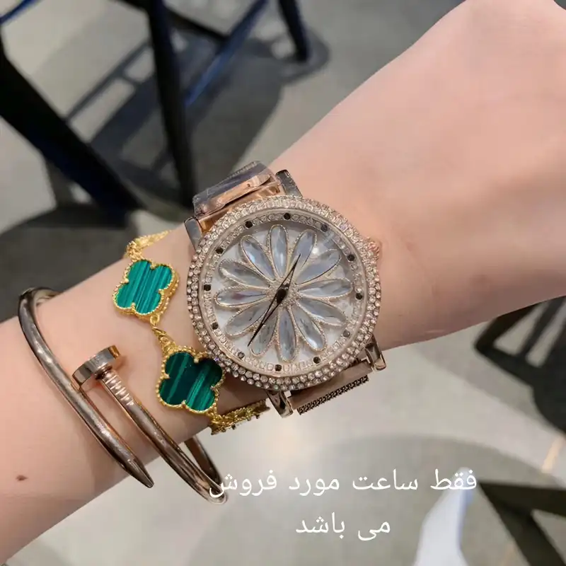 ساعت مچی عقربه ای زنانه مدل دور نگین صفحه چرخان بند فلزی قفل مگنتی