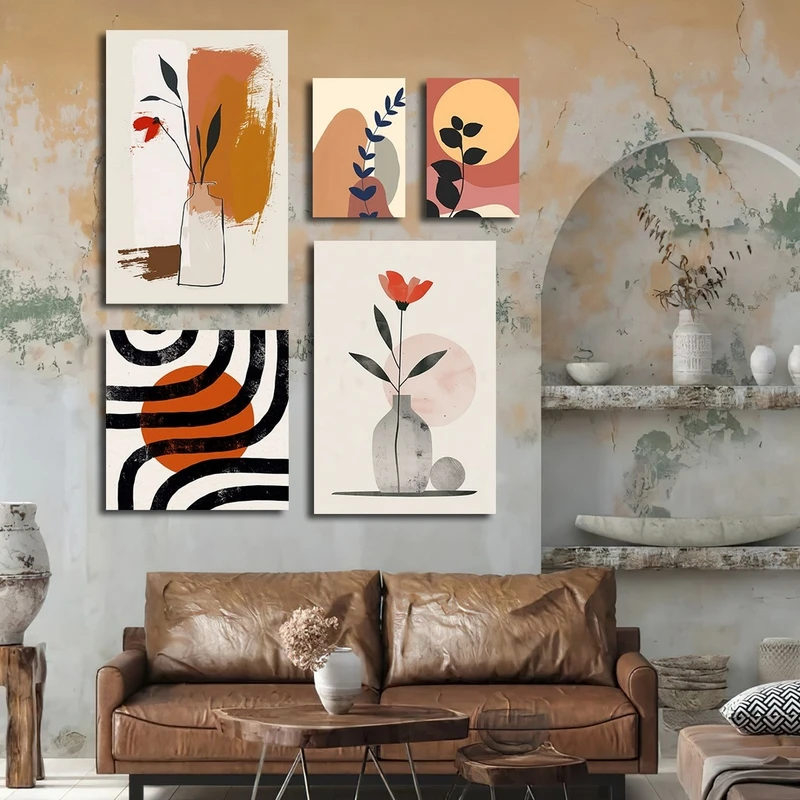 تابلو شاسی بکلیت طرح دکوری نقاشی مینیمال و گلدان و گل مدل SH-2813 مجموعه 5 عددی