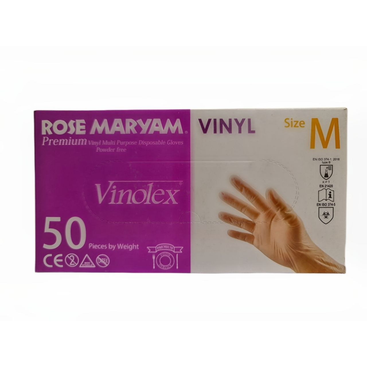 دستکش وینیل غیر پودری رز مریم مدل  vinolex  سایز متوسط (M) بسته 50 عددی
