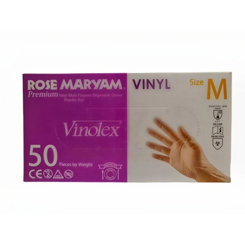 دستکش وینیل غیر پودری رز مریم مدل  vinolex  سایز متوسط (M) بسته 50 عددی
