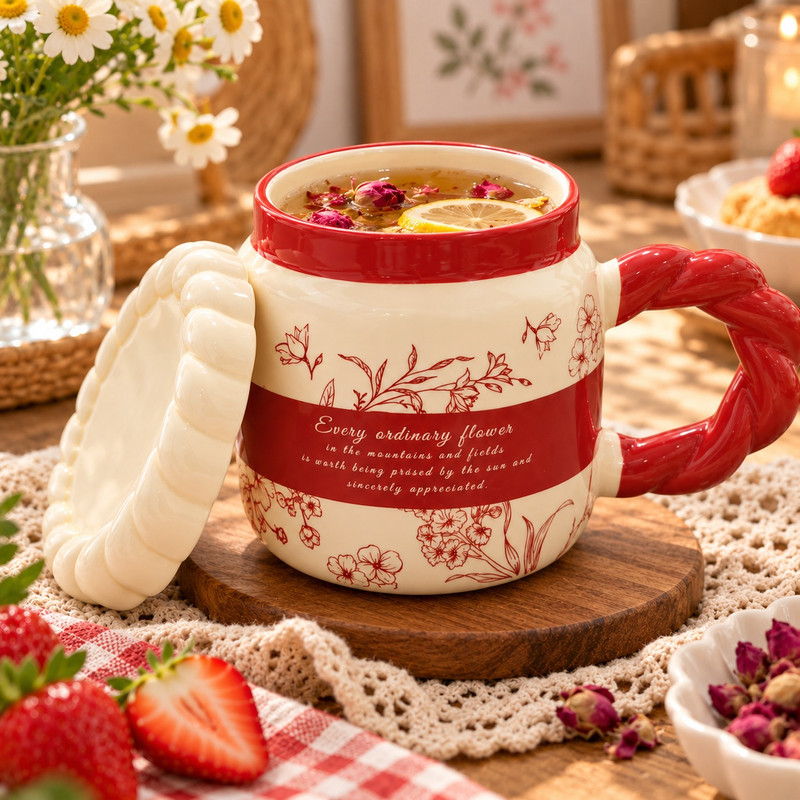 ماگ مدل سرامیکی درب‌دار طرح گل با دسته پیچ‌خورده soosoo45