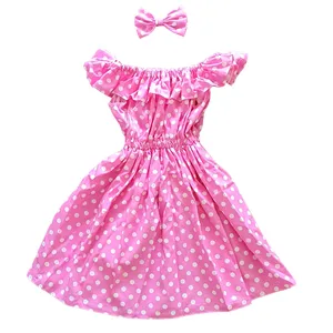 ست پیراهن و گیره مو دخترانه مدل خالدار رنگ صورتی