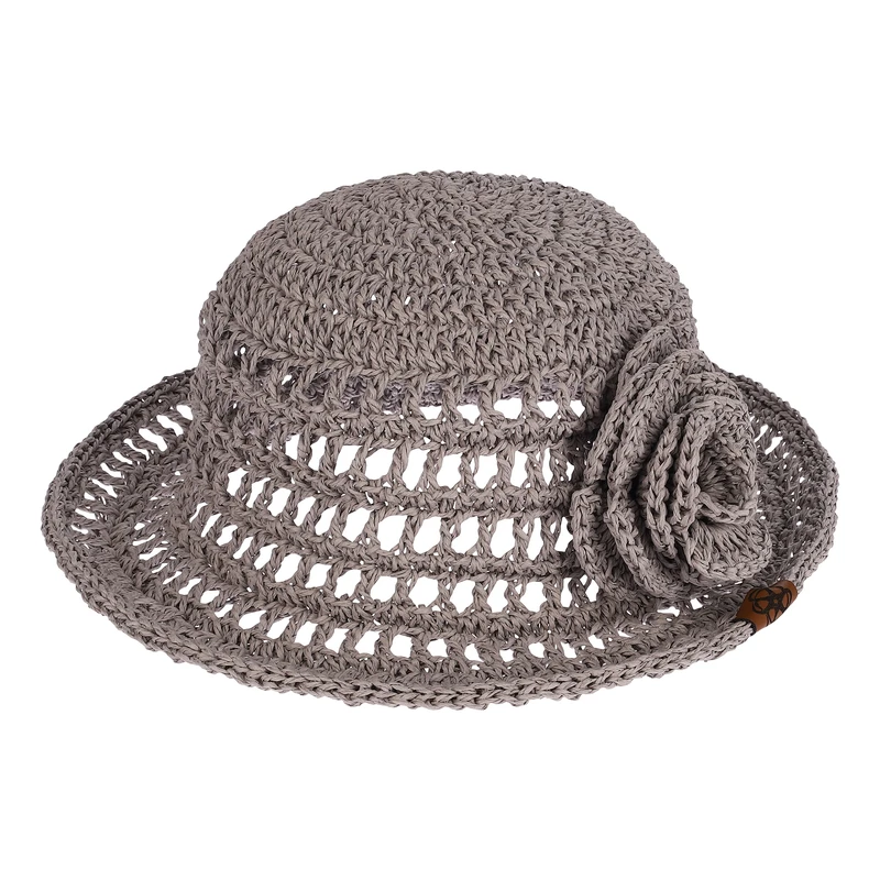 کلاه حصیری زنانه وون مدل گل رنگ طوسی