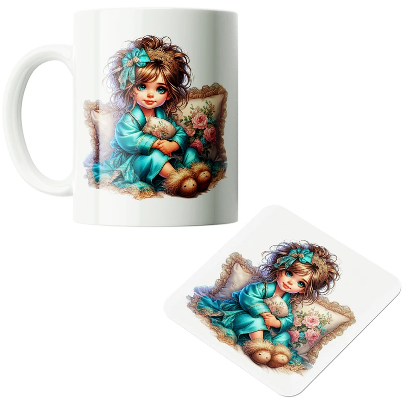 ماگ پاد آفرین مدل دختر کیوت کد PZ531 به همراه زیرلیوانی