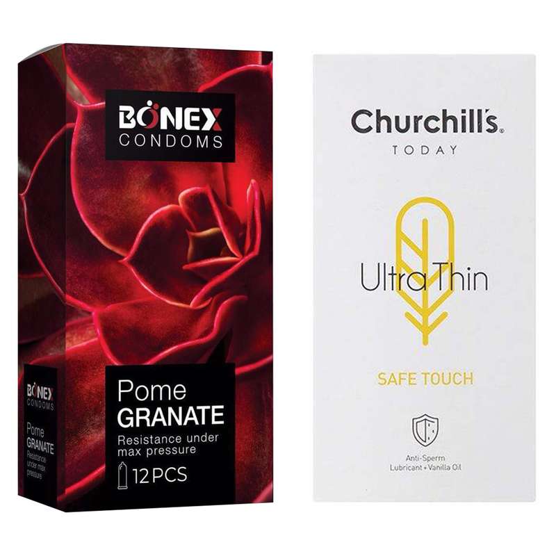 کاندوم چرچیلز مدل Safe Touch بسته 12 عددی به همراه کاندوم بونکس مدل Pome Granate بسته 12 عددی