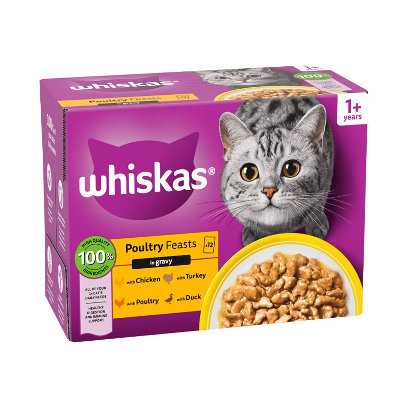 پوچ گربه بالغ ویسکاس مدل گروی در سس طعم مرغ، بوقلمون، اردک وزن 85 گرم بسته 12 عددی
