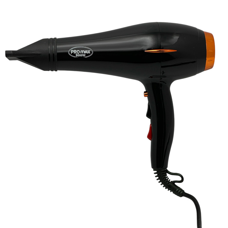 سشوار حرفه‌ای پرومکس مدل MA-8890، موتور AC با توان مصرفی 9000 وات، دارای قابلیت تعویض سری، عملکرد توربو، دارای متمرکزکننده، با حالت صاف‌کننده، وزن 650 گرم، تنظیم حرارت 2 حالته و کنترل سرعت 2 حالته، به همراه متمرکزکننده باریک