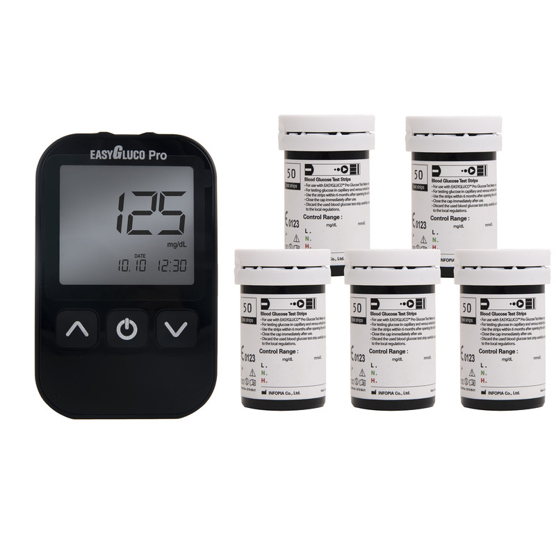 دستگاه تست قند خون اینفوپیا مدل Easy Gluco Pro مجهز به نرم افزار هوشمند، اشتراک 6 ماهه پایش سلامت آنلاین و 5 بسته نوار تست 50 عددی