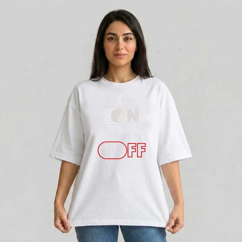 تی شرت آستین سه ربع زنانه مدل باکسی طرح موزیک و جهان کد v1