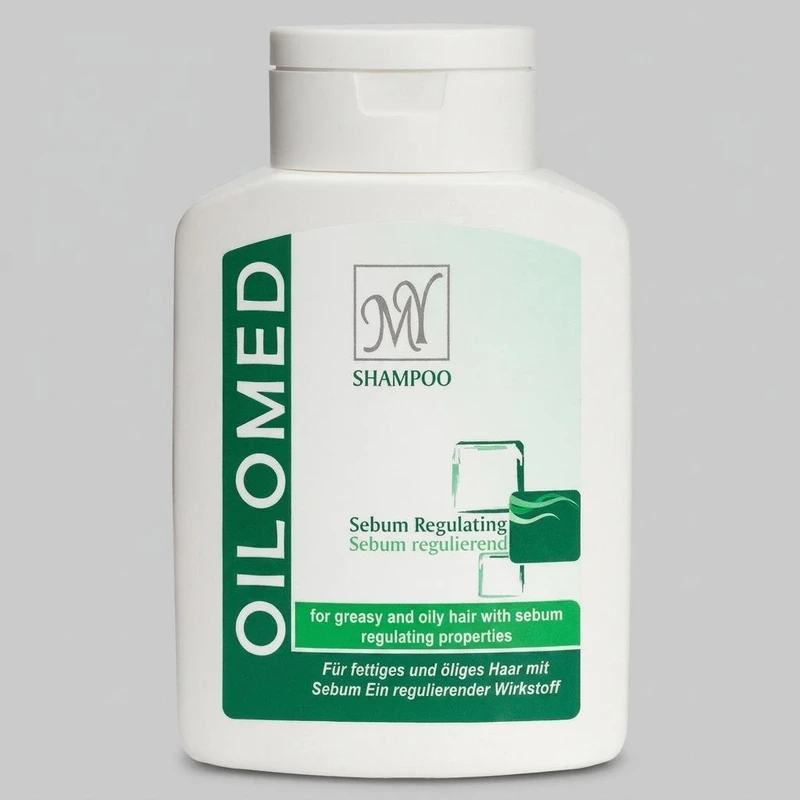 شامپو مو مای مدل Oilomed حجم 200 میلی‌لیتر، کاهش چربی پوست سر، تقویت ریشه و ساقه مو، اثر بازسازی کننده و تنظیم تولید هورمون DHT