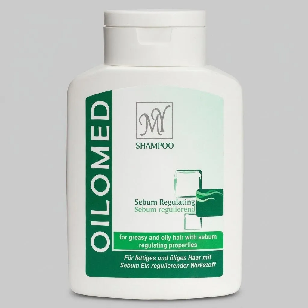 شامپو مو مای مدل Oilomed حجم 200 میلی‌لیتر، کاهش چربی پوست سر، تقویت ریشه و ساقه مو، اثر بازسازی کننده و تنظیم تولید هورمون DHT