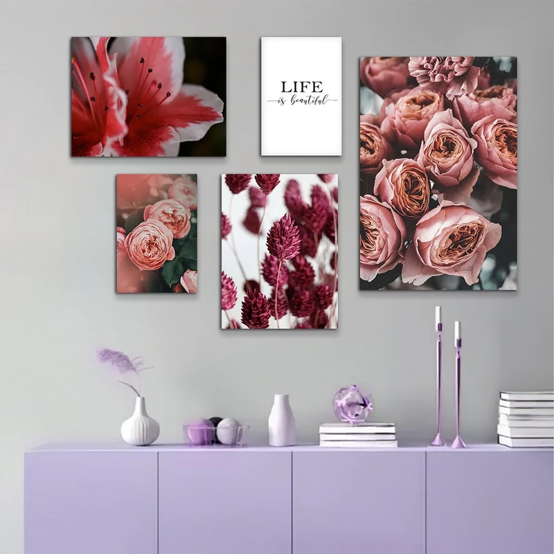 تابلو شاسی بکلیت طرح گل رز صورتی و زندگی مدل SH-961 مجموعه 5 عددی