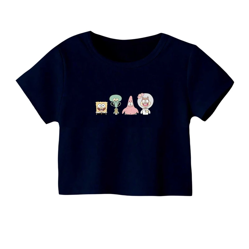 کراپ‌ تی‌شرت آستین کوتاه زنانه مدل باب اسفنجی و دوستان کد۱