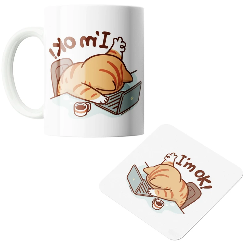 ماگ پادآفرین مدل گربه بامزه کد z6 به همراه زیر لیوانی