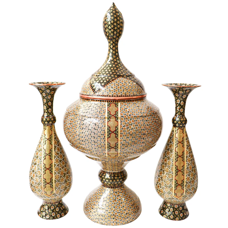 ست 3 تکه شکلات خوری و گلدان خاتم کاری مدل تمام خاتم کد HQ304730
